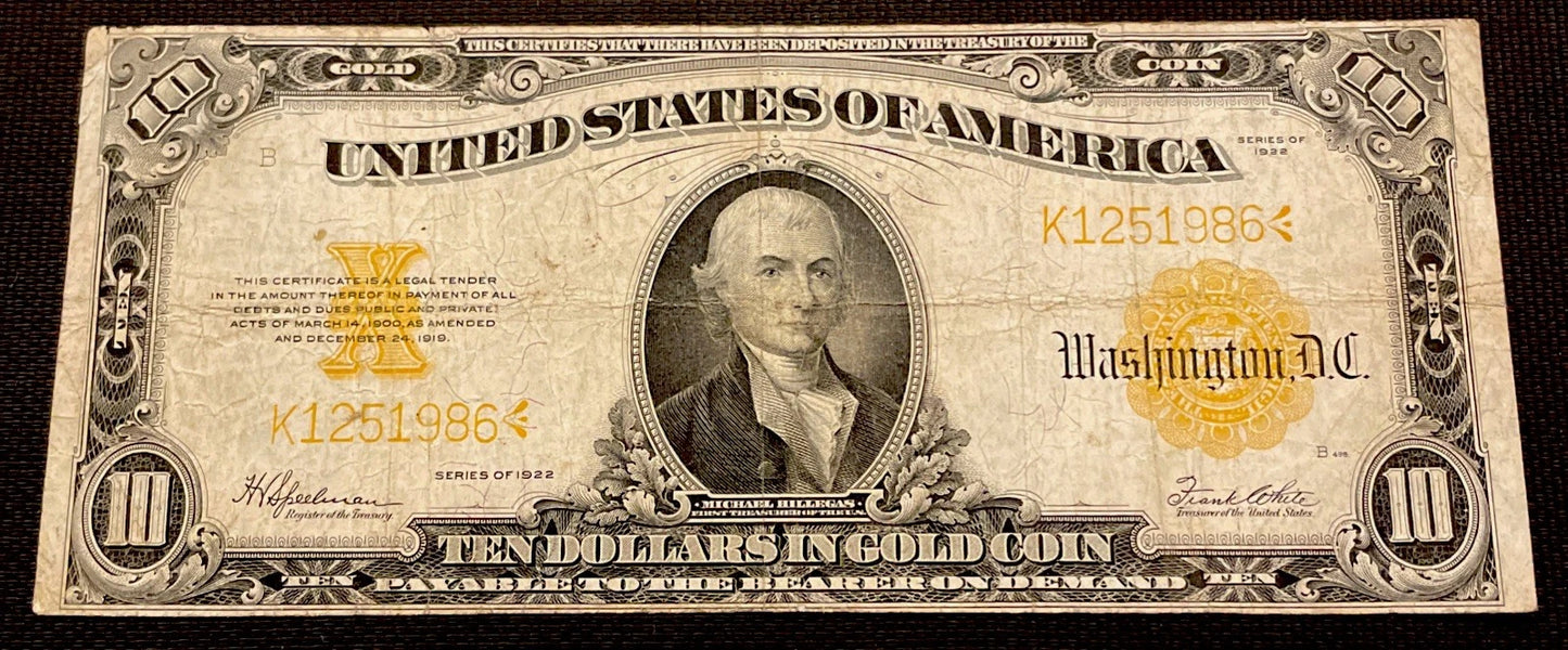 1922 $10 Gold Certificate - Large Size Note Banknote