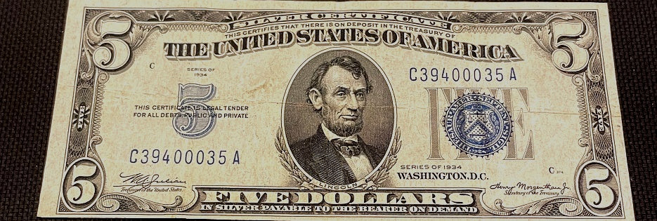 1934 $5 Silver Certificate Blue Seal